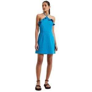 French Connection Whisper Ruth Ruffle Halter Neck Dress Mosaic Blue New Size 4